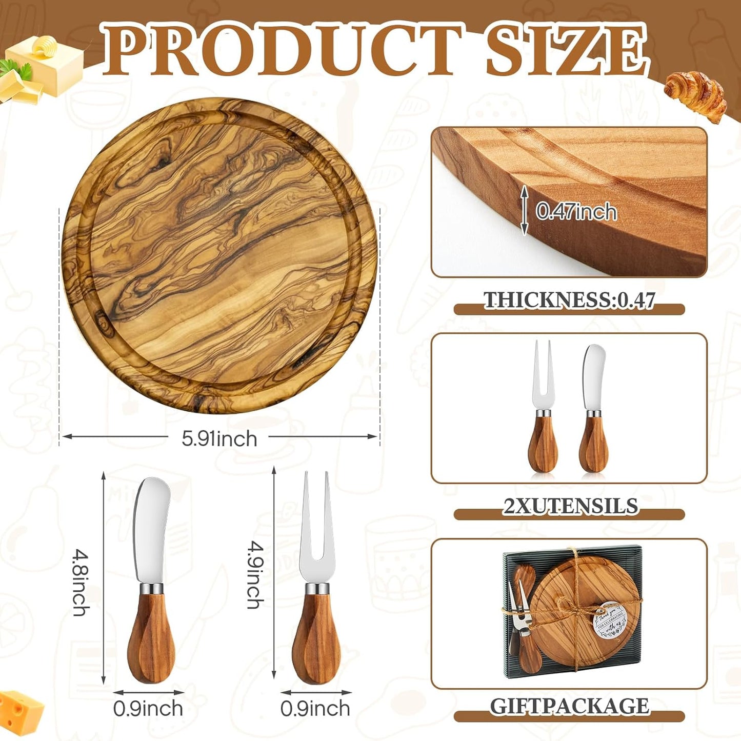 Maxcheck 18 Sets Baby Shower Bridal Game Prizes for Winners Round Cheese Board Set Wood Mini Charcuterie Board with Knives and Forks Thank You Card with Gift Box for Guests Wedding (Bamboo)