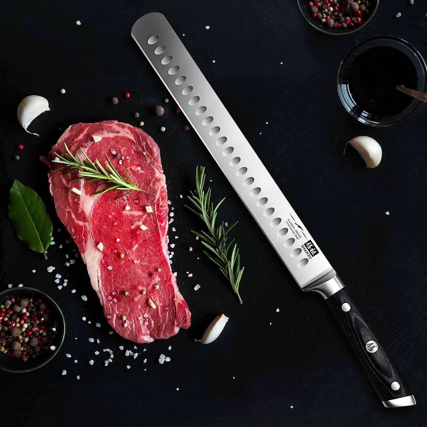 SHAN ZU 3Pcs BBQ Carving Knife Set with Sheath – for Turkey, Meat, BBQ, Brisket, Razor Sharp Slicing Knife, Professional 5Cr15MoV Stainless Steel, Ergonomic Full Tang Wood Handle, Gift Box Included