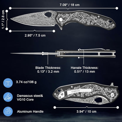 KOMWERO Damascus Pocket Knife for Men, VG10 Core Damascus Steel Folding Knife with Wood Handle, Ball Bearing, Thumb Hole, Liner Lock, Sheath for EDC Outdoor Survival Hunting