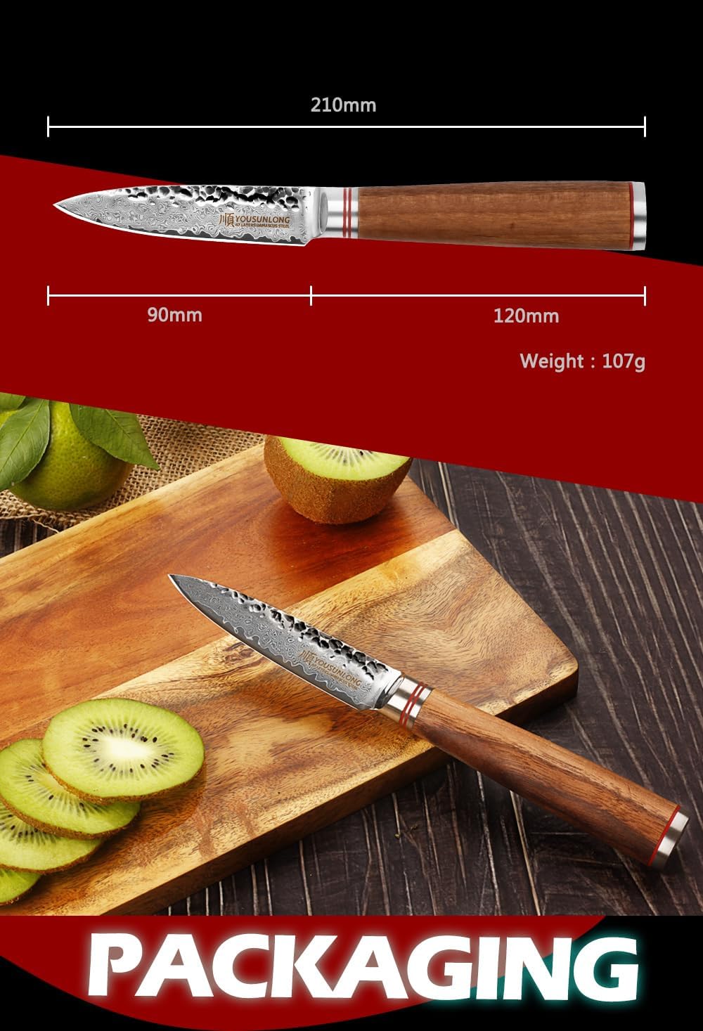 YOUSUNLONG Paring Knife 3.5 inch Peeling Knives Japanese 67 Layers Hammered Damascus Steel with Natural Leadwood Handle
