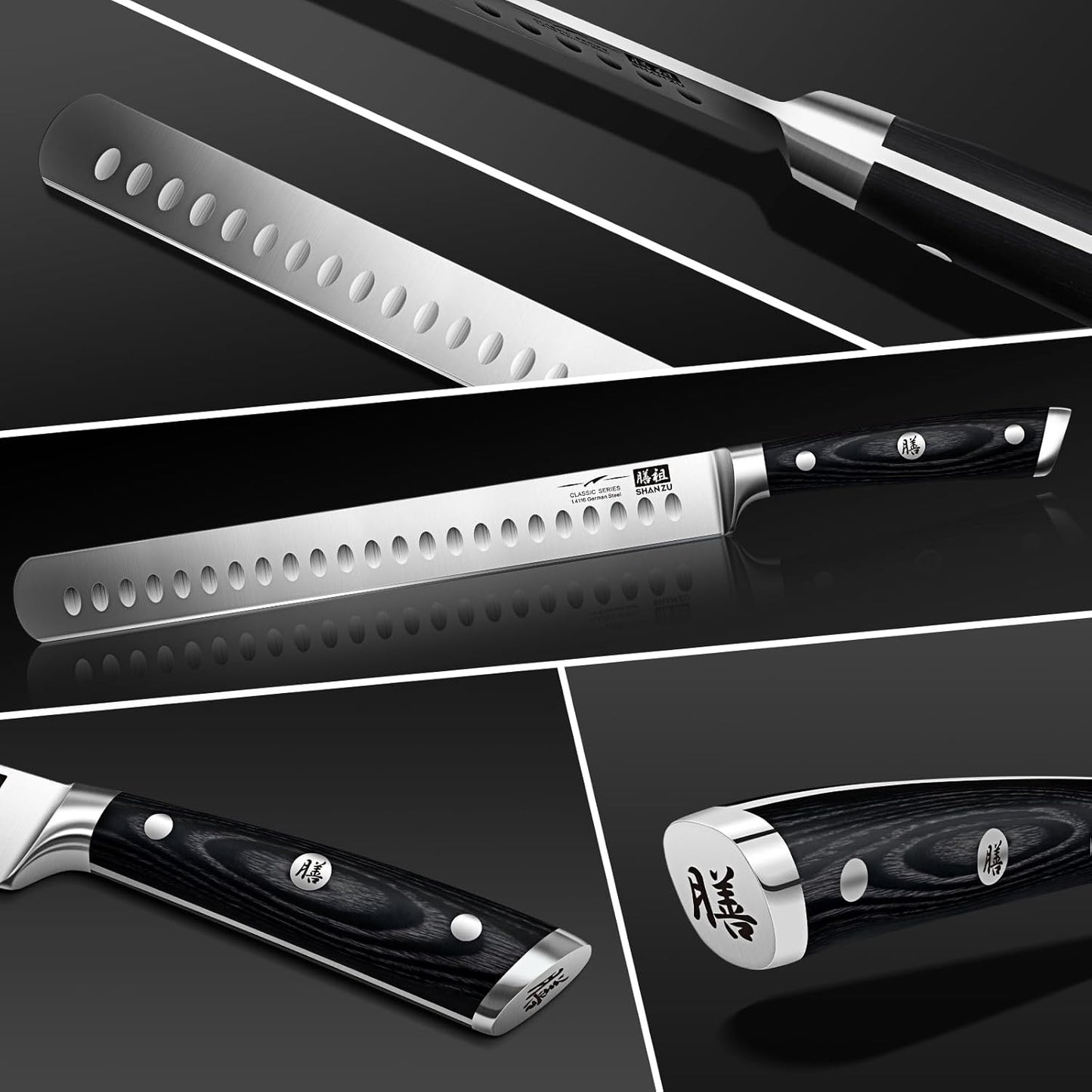 SHAN ZU 3Pcs BBQ Carving Knife Set with Sheath – for Turkey, Meat, BBQ, Brisket, Razor Sharp Slicing Knife, Professional 5Cr15MoV Stainless Steel, Ergonomic Full Tang Wood Handle, Gift Box Included