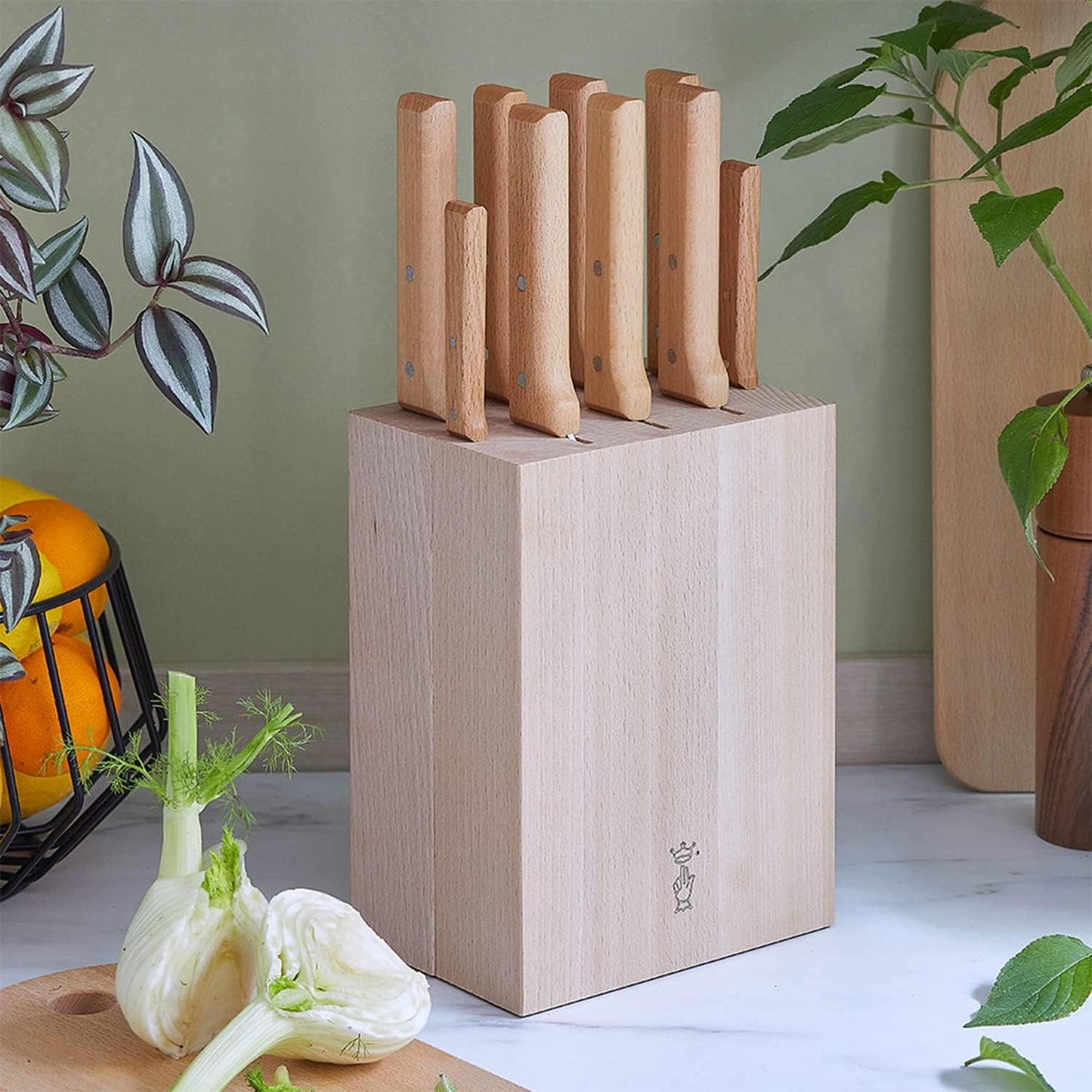 OPINEL - Beech Wood Knife Storage Block - Simple and elegant design - Your kitchen knives always at hand and protected - For 9 knives