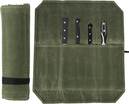lasuroa Knife Roll Bag, Portable Chef Knife Bag with 7 Slots Canvas Knife Roll Storage Bag Knife Roll Case Gift for Chefs or Cooking Lovers (Green)