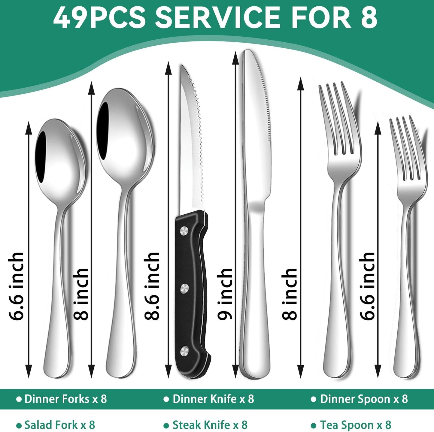 JUNLIN 49 Pieces Black Silverware Set with Steak Knives, Stainless Steel Silverware with Organizer Flatware Utensils Set for 8, Forks and Spoons Silverware Set Cutlery Set