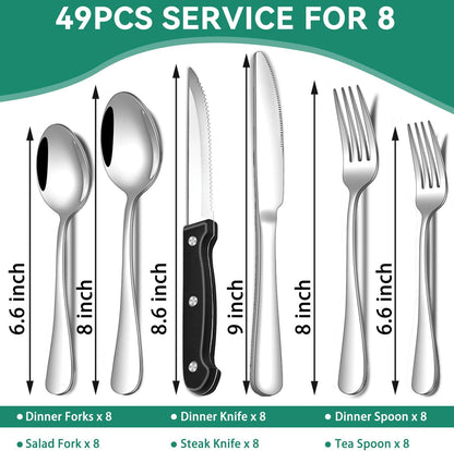 JUNLIN 49 Pieces Black Silverware Set with Steak Knives, Stainless Steel Silverware with Organizer Flatware Utensils Set for 8, Forks and Spoons Silverware Set Cutlery Set