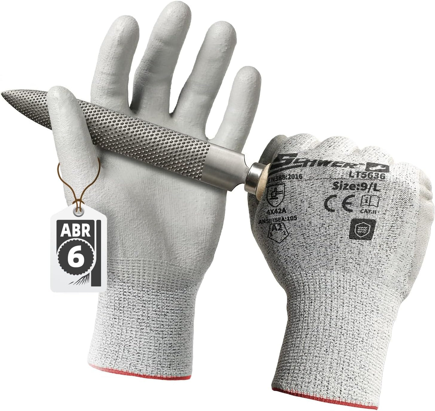Schwer 6 Pairs ANSI A2 Cut Resistant Work Gloves with Certified Level 6 Ultra Abrasion Resistance, Safety Gloves with Grip for General Use, Construction, Gardening, Mechanic, 3D-Comfort, LT5636, L