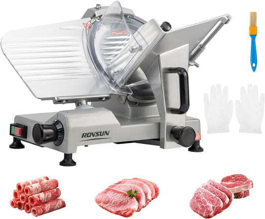 ROVUN 8.7 inch Commercial Meat Slicer, Electric Food Slicer ETL Certified, 300W Frozen Meat Deli Slicer, 0-12mm Adjustable Thickness, Chromium-Plated Steel Blade for Home and Commercial