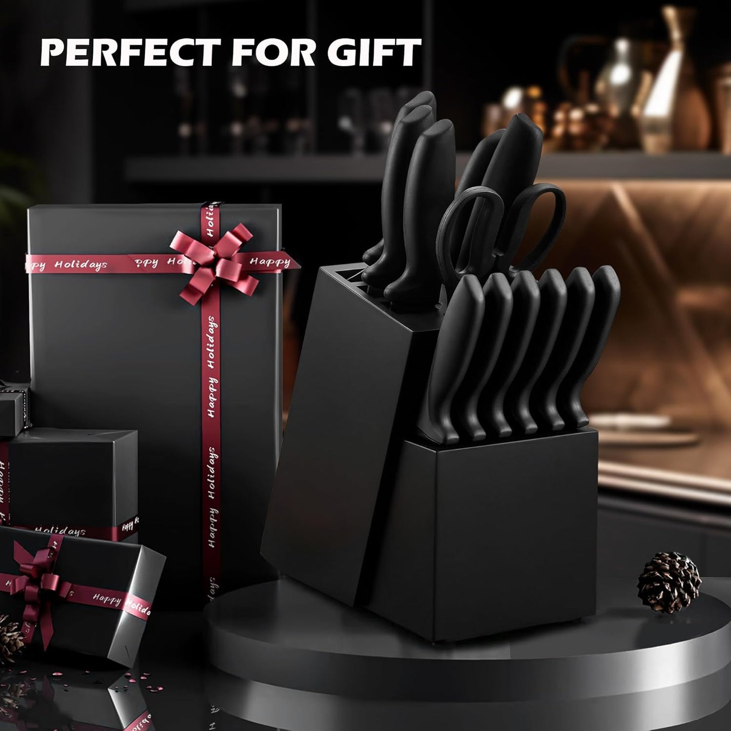 Knife Set, KroWallu 16 Pieces Knife Sets for Kitchen with Block, Dishwasher Safe Kitchen Knife Set with Built-in Sharpener, German Stainless Steel Black Knife Block Set
