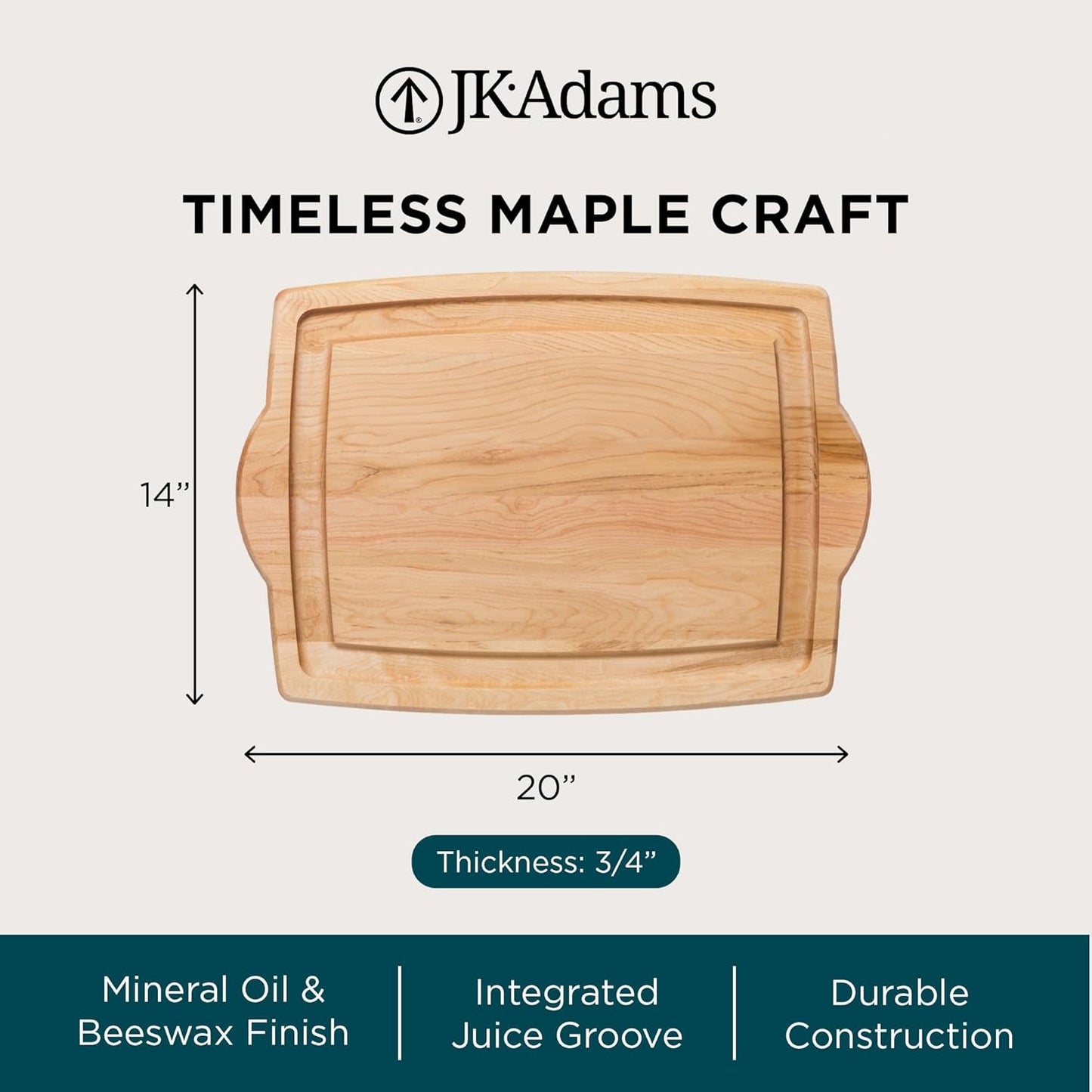 J.K. Adams 20-Inch-by-14-Inch Maple Wood Farmhouse Carving Board with Juice Groove, Brown