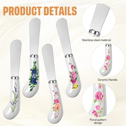 Floral Cheese Spreaders 4.95" Stainless Steel Butter Knife with Ceramic Handle for Jam, Pastry, Butter Knife - Holiday Silverware & Festive Kitchen Cutlery (Flowers)