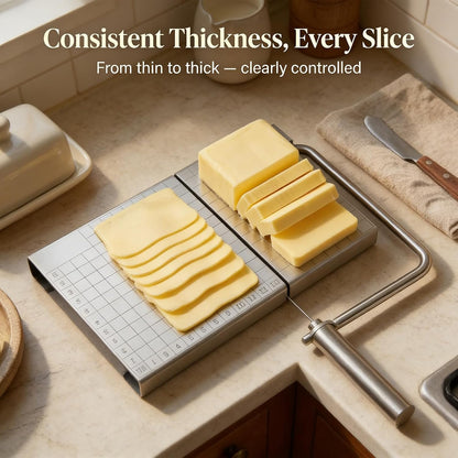 Wire Cheese Slicer with Measuring Board, Adjustable Tension Control, Stainless Steel Wire Cutter for Butter and Cheese, Heavy-Duty Design