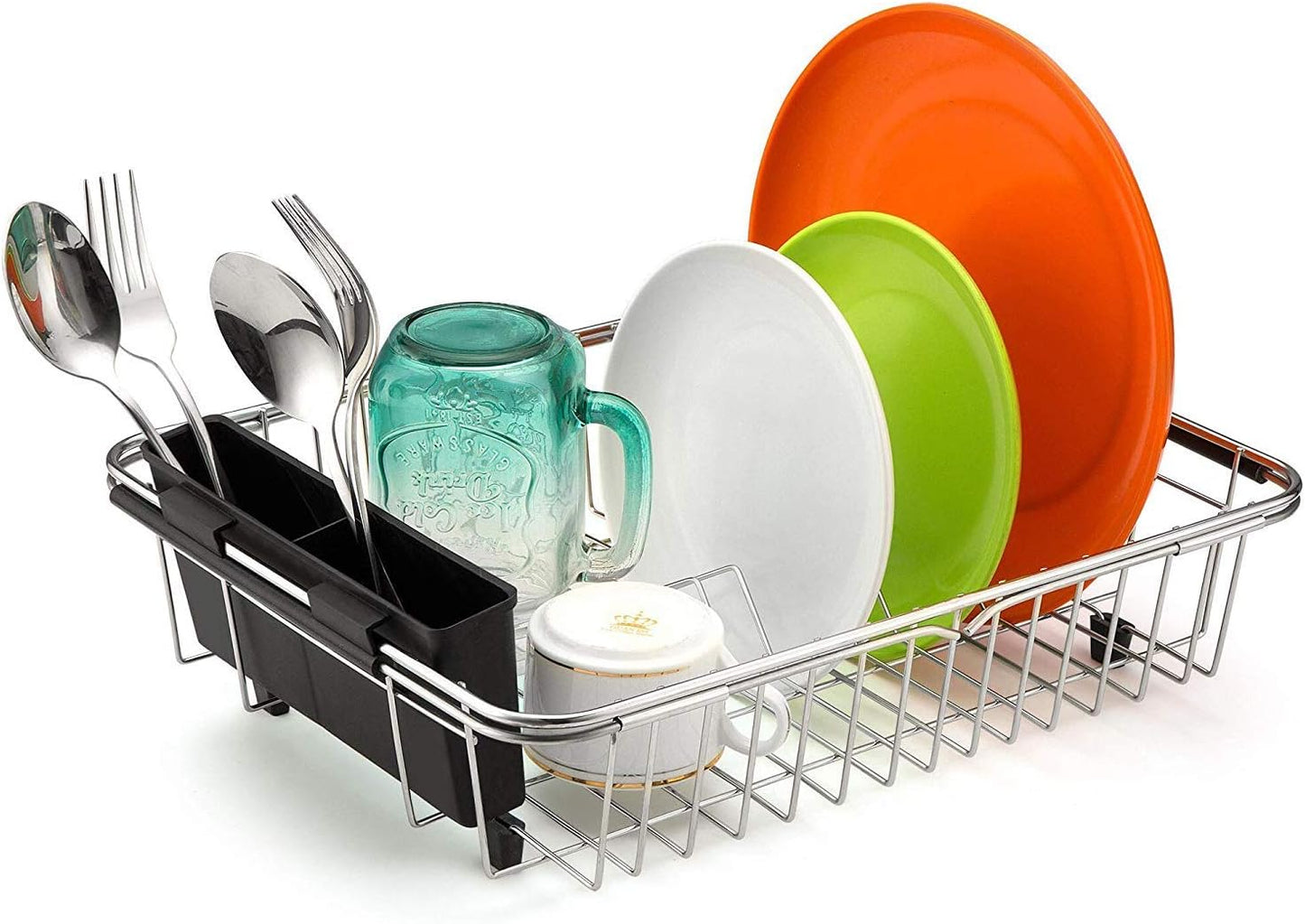 SANNO Dish Rack Utensil Holder, Hanging Cutlery Drainer Caddy with Hooks, 2 Compartment Flatware Organizer for Forks, Spoons, Knives, Fits Over Most Dish Drying Racks, Black