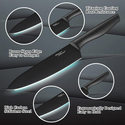 Kitchen Knife Set, KYA38 12-Piece Kitchen Knives Set with Covers, Marco Almond® 6 Knives with 6 Blade Guards, Stainless Steel Cooking Knives Set for Kitchen, Black