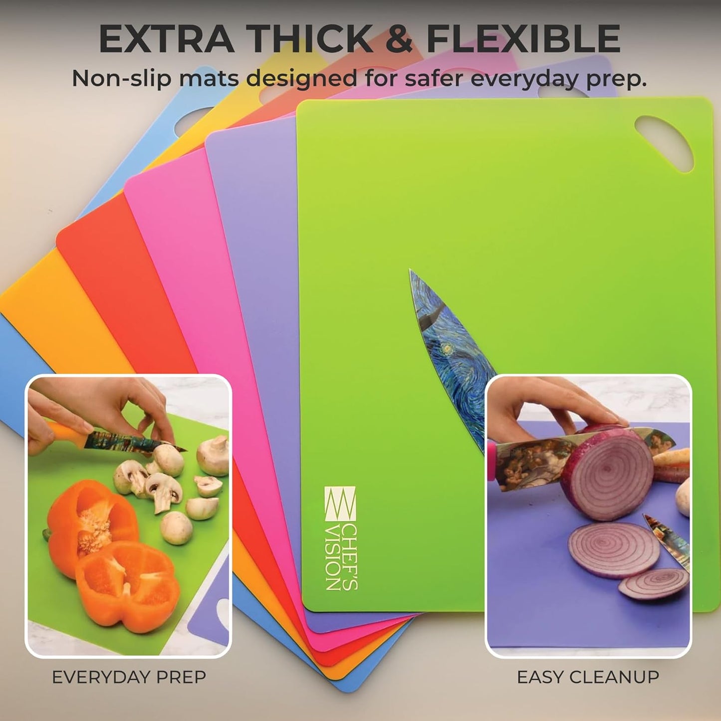 Chef’s Vision Flexible Cutting Mats (Set of 6) – 1.2mm Thick Color-Coded Kitchen Prep Mats – Non-Slip Flexible Cutting Boards – Dishwasher Safe – 15” x 12”