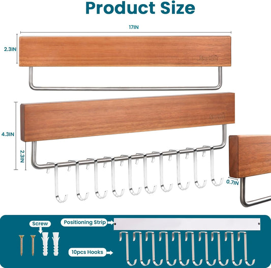Nerien Magnetic Knife Holder Strip for Wall - 17" Acacia Wood Knife Magnetic Strip with 10pcs Hooks, No Drilling Knives Magnet Block Rack, Magnet Knives Storage Holders for Kitchen Utensil Organizer