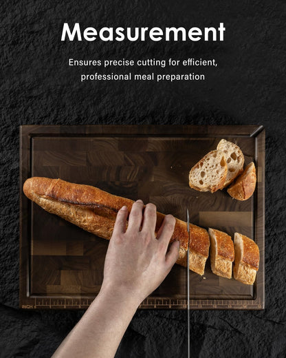 Mitsuharu End Grain Cutting Board, Reversible Large Thick Black Walnut Wood Charcuterie Board Butcher Block 17"x13"x1.5" for Kitchen Use, with Measurements, Juice Groove, Handles, Sorting Compartments