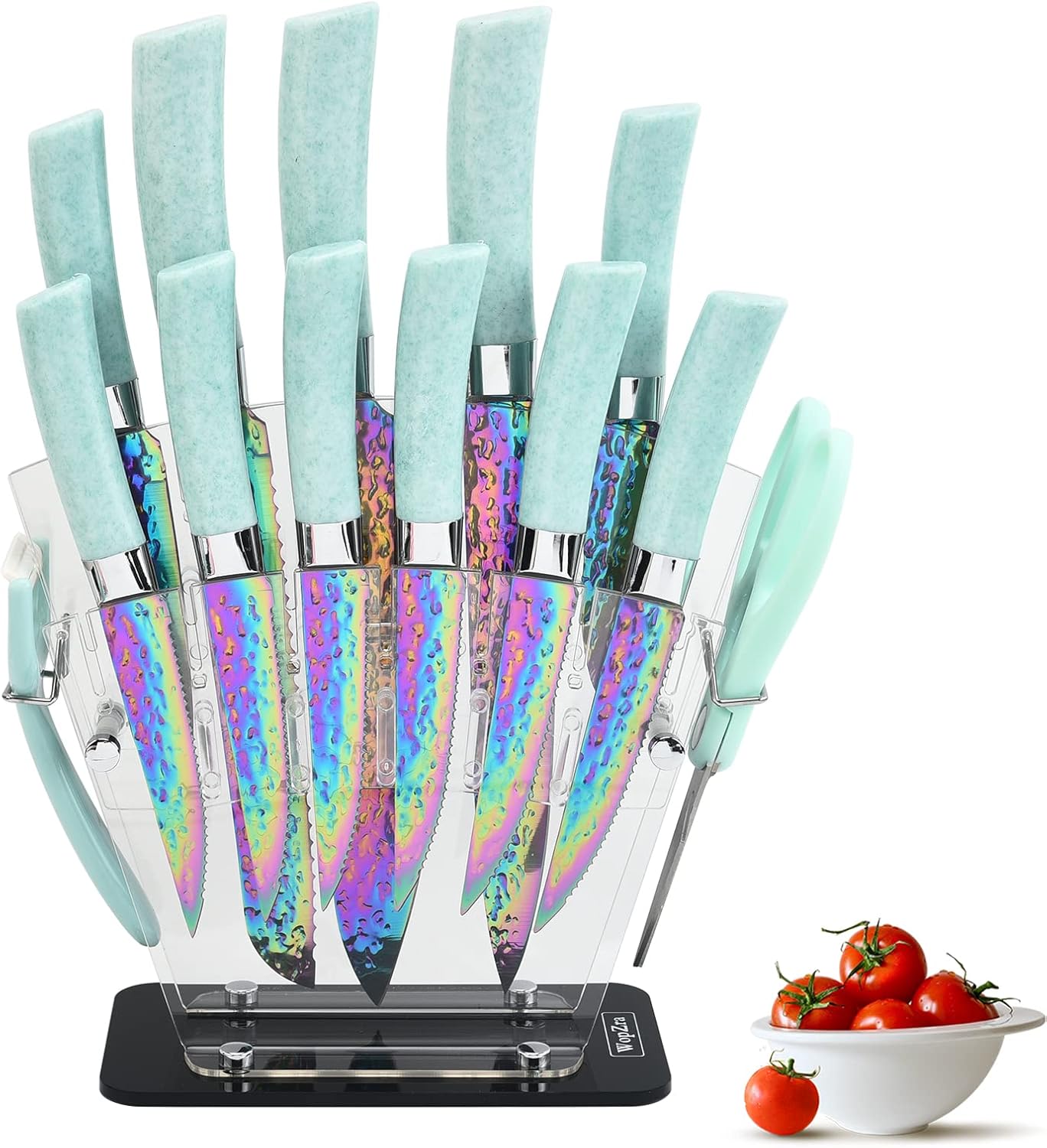 Rainbow Titanium Knife Set, Non Stick Thick and Sharp Stainless Steel 15 Pcs Cutlery Kitchen Knives Set with Acrylic Block, Chef Quality for Home & Pro Use, Best Gift, Pink Color