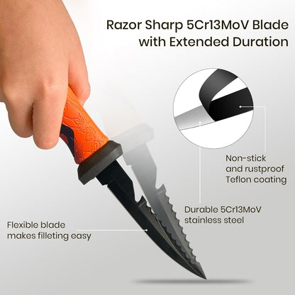 Pristis 9'' Fillet Knife for Fish, Stainless Steel Teflon Coated Blade with Non-Slip Grip Handle, Filet Knife Tackle with Protective Sheath and Sharpener for Fishing Boning Meat Cutting Kitchen