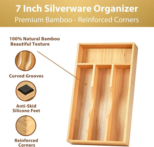 Umilife Bamboo Kitchen Drawer Organizer, 9 Inch Silverware Utensils Tray Holder for Small Drawer, Wood Caddy for Flatware Cutlery Knives