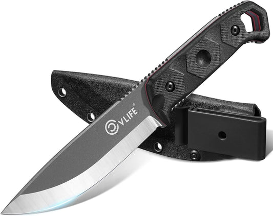 CVLIFE Fixed Blade Knife with Sheath, 5.2" D2 Steel Full Tang Survival Bushcraft Knife, Scandi Grind, 5-Layer Handle with G10 Liners, Heavy Duty Hunting Camping Knives for Men, Green
