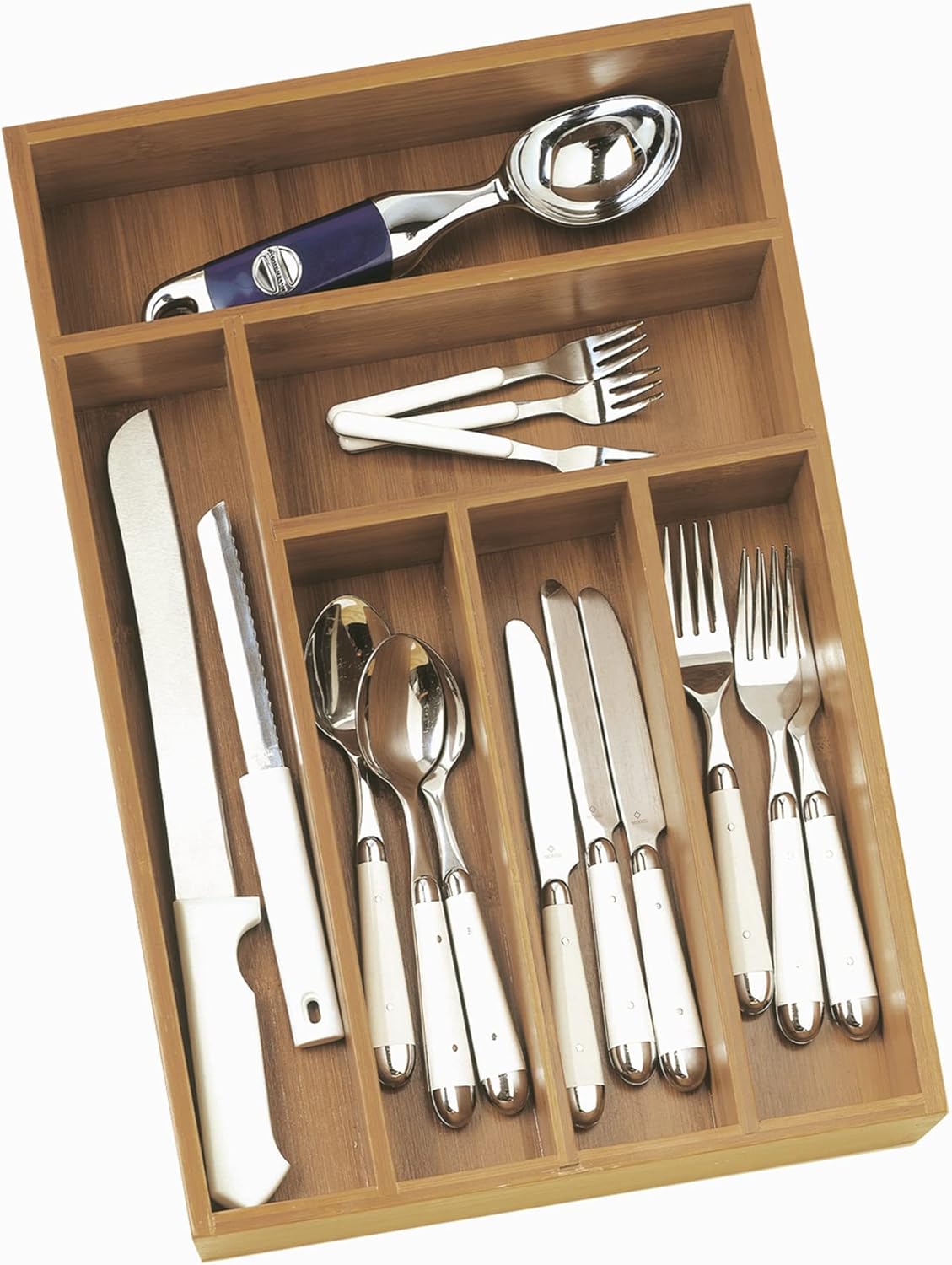 Lipper International 8876 Bamboo Wood Flatware Organizer, 5 Compartments, 10 1/2" x 14" x 2"