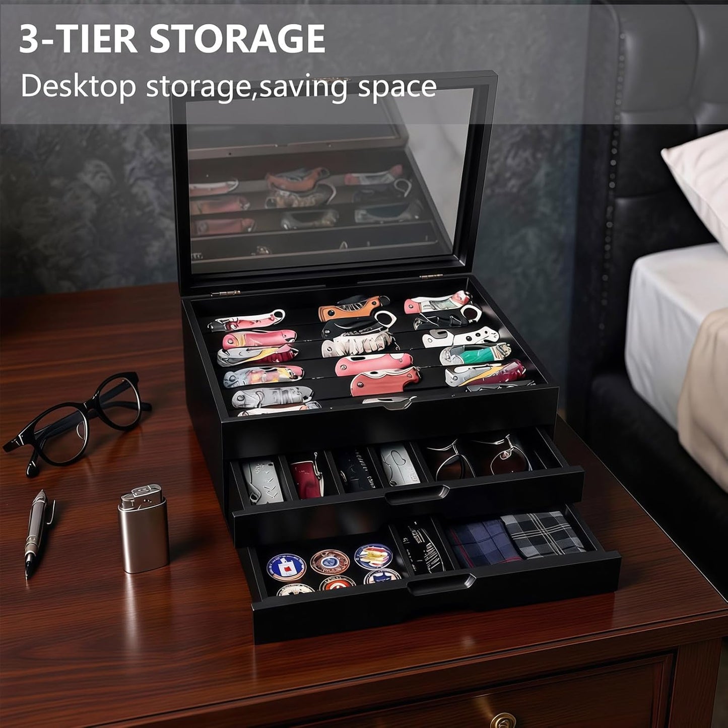 AUTOARK Knife Display Case Holds 43+ Knives,Large 3-Tier Wooden Organizer with Glass Top and Drawer,Gift for Men,Walnut,AHK-072