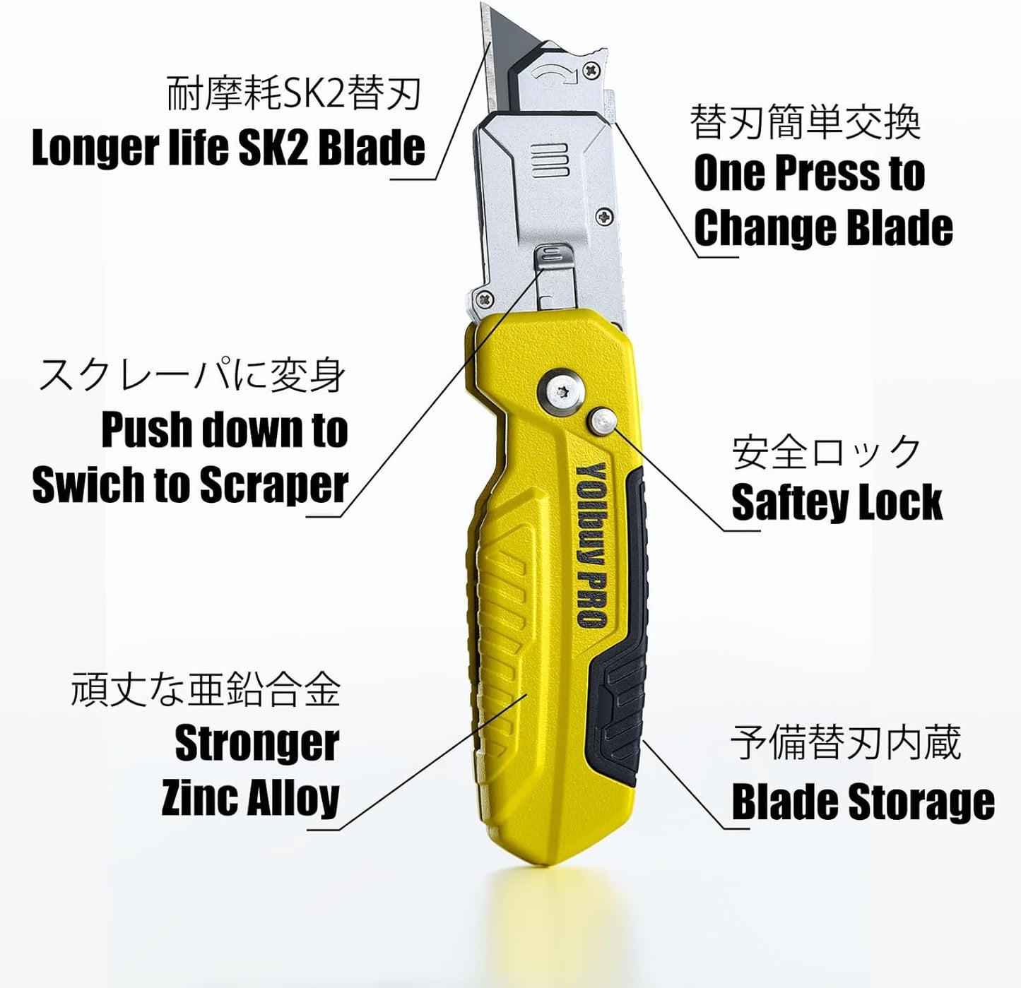 YOIbuy PRO Foldable Utility Knife with Scraper Function, Holds 2 Replacement Blades, Zinc Alloy Body, SK2 Replacement Blade