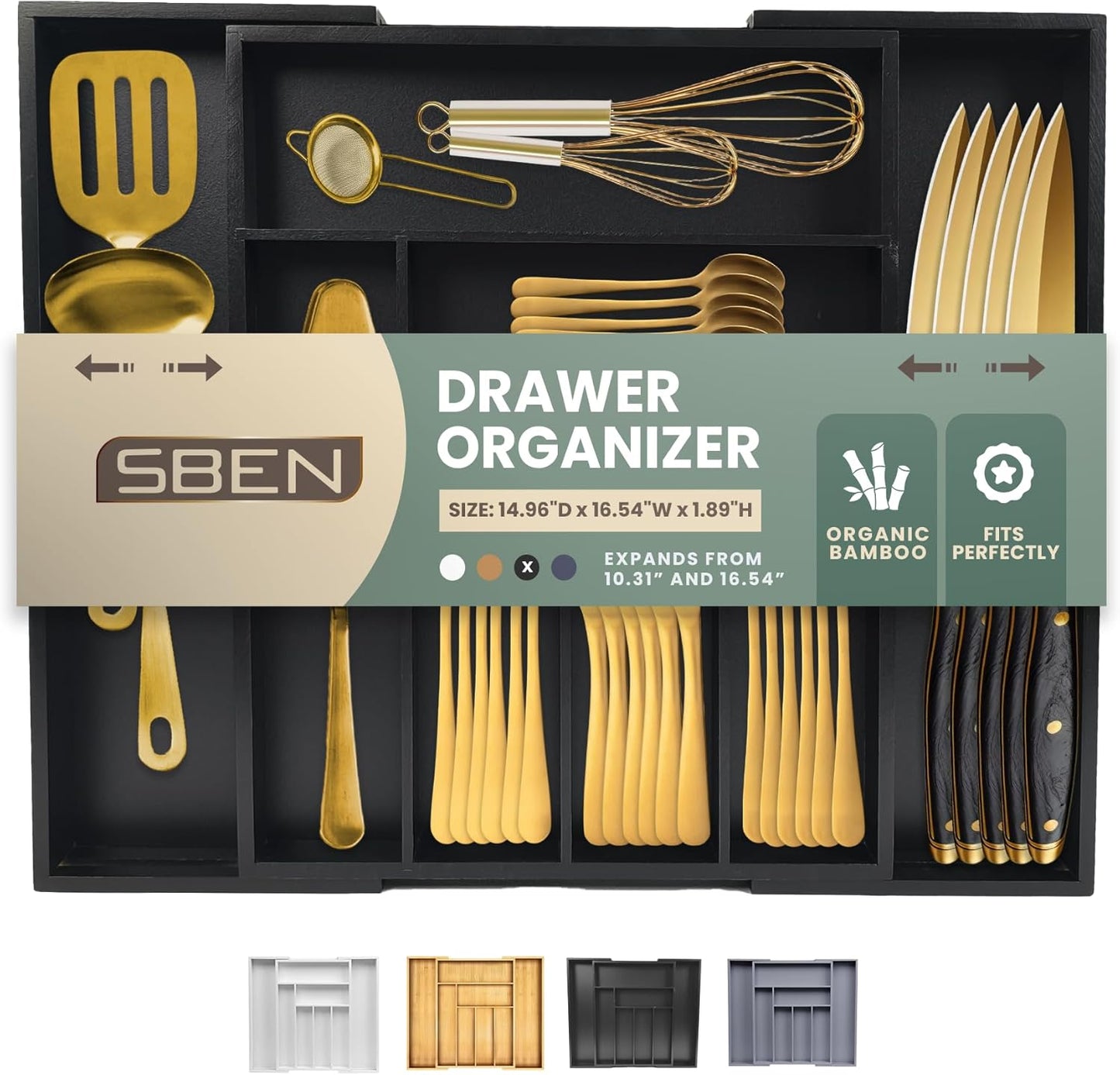 Sben Expandable Drawer Organizer for Utensils Holder, Adjustable Cutlery Tray, 6-8 Slots, Premium Wood Drawer Dividers Organizer for Silverware, Flatware, Knives for Kitchen (White)