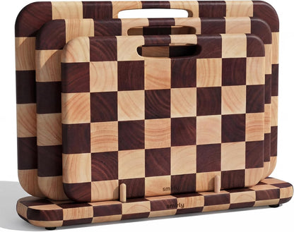 SMIRLY Wooden Cutting Boards for Kitchen, Double-Sided Cutting Board with Handle, Heavy Duty Solid Acacia Wood Cutting Board Set with Stand, 3 Pcs Cutting Boards Non Toxic for Meat Vegetable Fruit