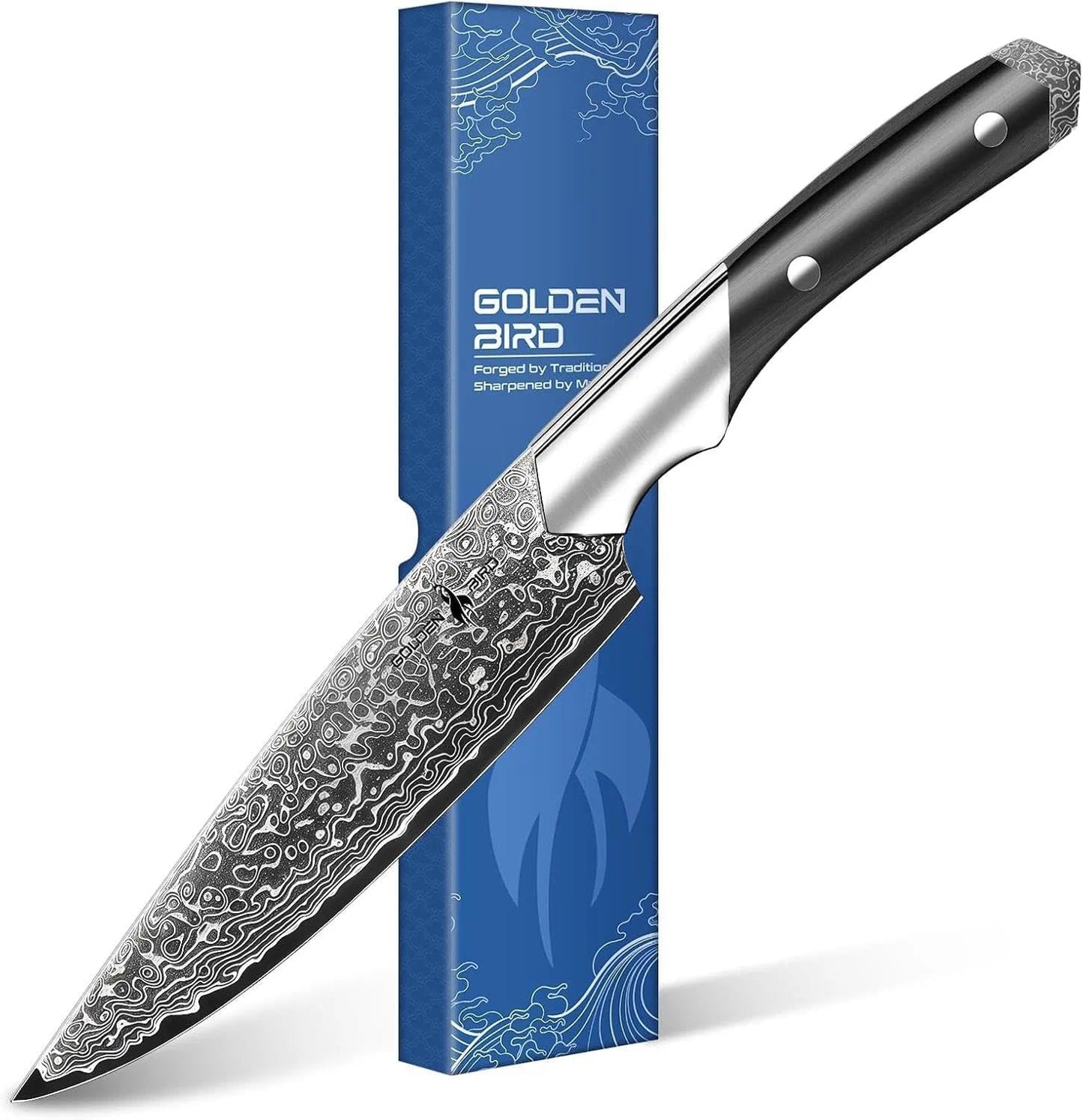 Golden Bird 6 inch Kitchen Utility knife, Japanes VG10 Damascus Steel Chef Knives with Wooden Handle, Small Paring Knife for Fruit and Vegetable, Ideal Gift