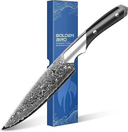 Golden Bird 6 inch Kitchen Utility knife, Japanes VG10 Damascus Steel Chef Knives with Wooden Handle, Small Paring Knife for Fruit and Vegetable, Ideal Gift