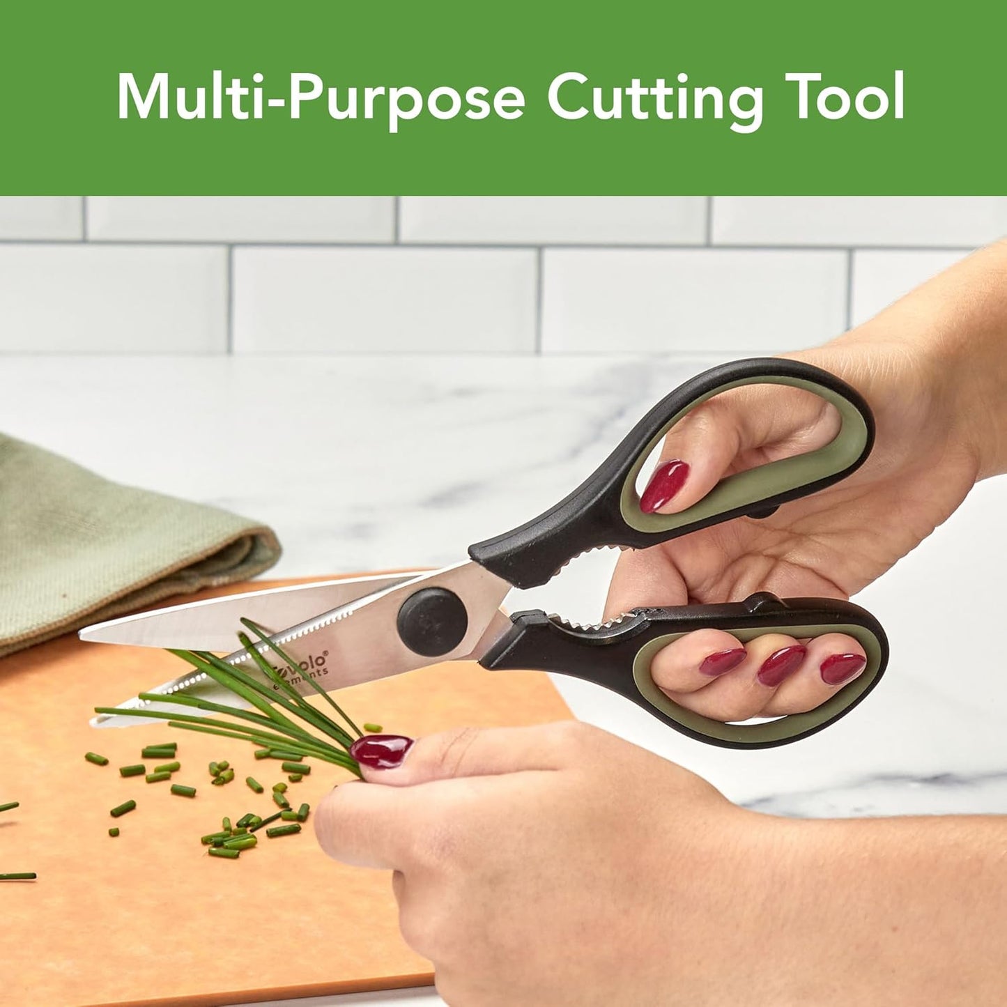 Tovolo Elements All Purpose Kitchen Shear with Cover Sheath Heavy Duty Meat Poultry Sharp Kitchen Utility Scissor Dishwasher Safe Soft Comfort Grip Silicone Handle Magnetic Sheath, Black & Blue Haze