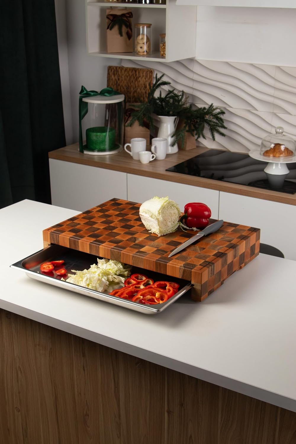 Premium End Grain Wood Cutting Board with Stainless Steel Drawer – Heavy-Duty Butcher Block for Chopping, Serving & Storage – Checkered Design