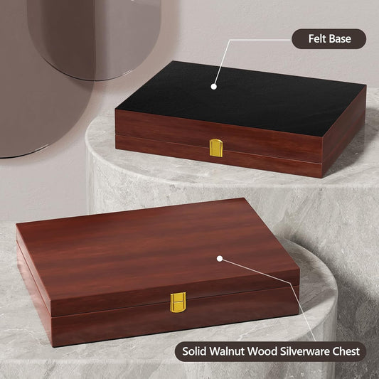 Solid Walnut Silverware Storage Box, 2-Layer Silverware Chest with Drawer, Flatware Case with Lid and Felt Lined, Wood Flatware Storage Box Holds 12-16 Sets of Utensils, Wedding Housewarming Gifts