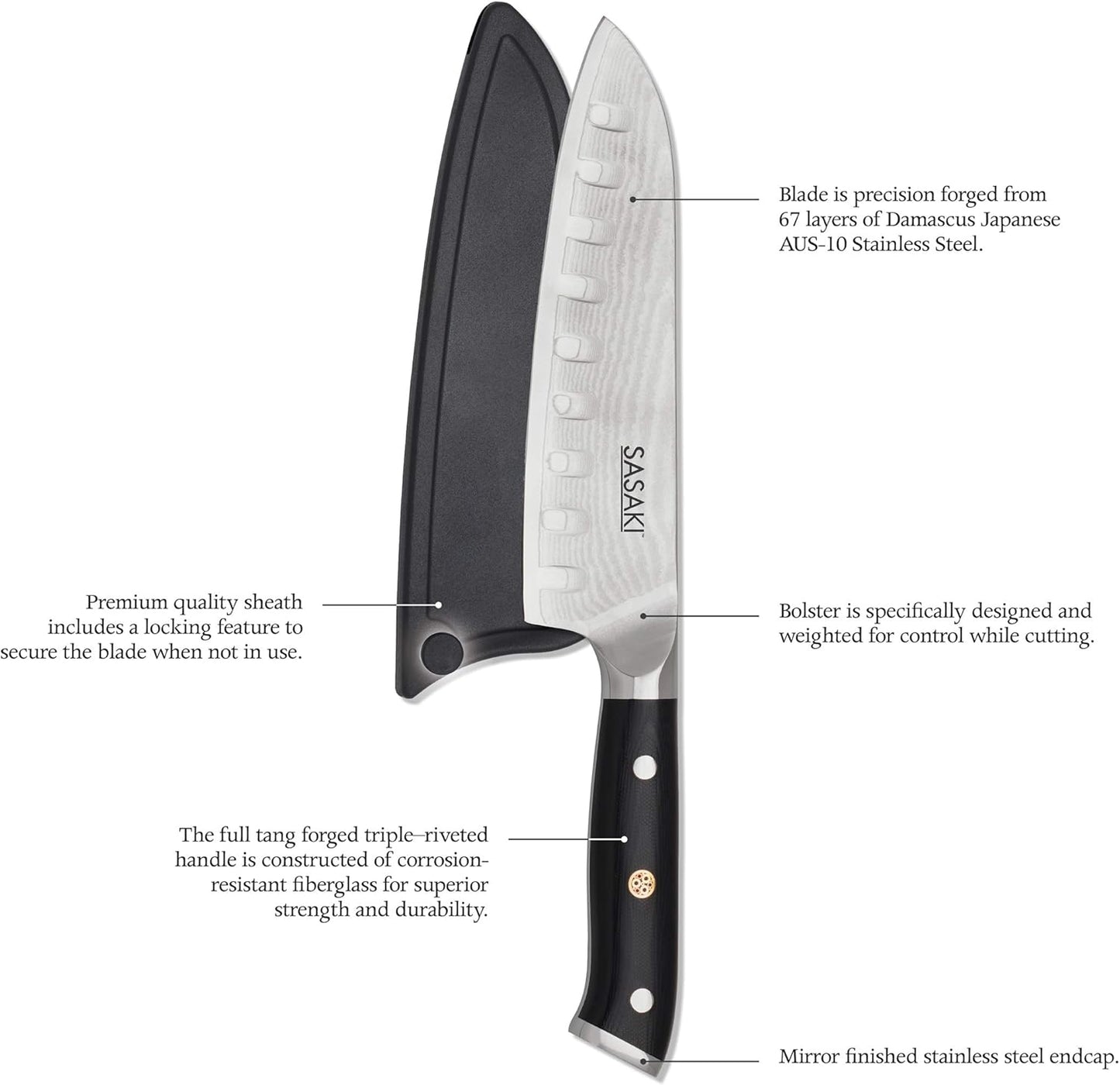 Sasaki 5228194 Masuta Japanese AUS-10 Stainless Steel Santoku Knife with Locking Sheath, 7-Inch