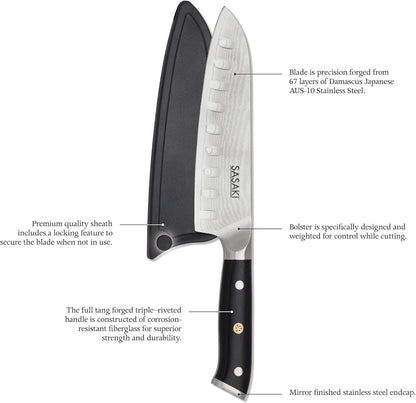 Sasaki 5228194 Masuta Japanese AUS-10 Stainless Steel Santoku Knife with Locking Sheath, 7-Inch