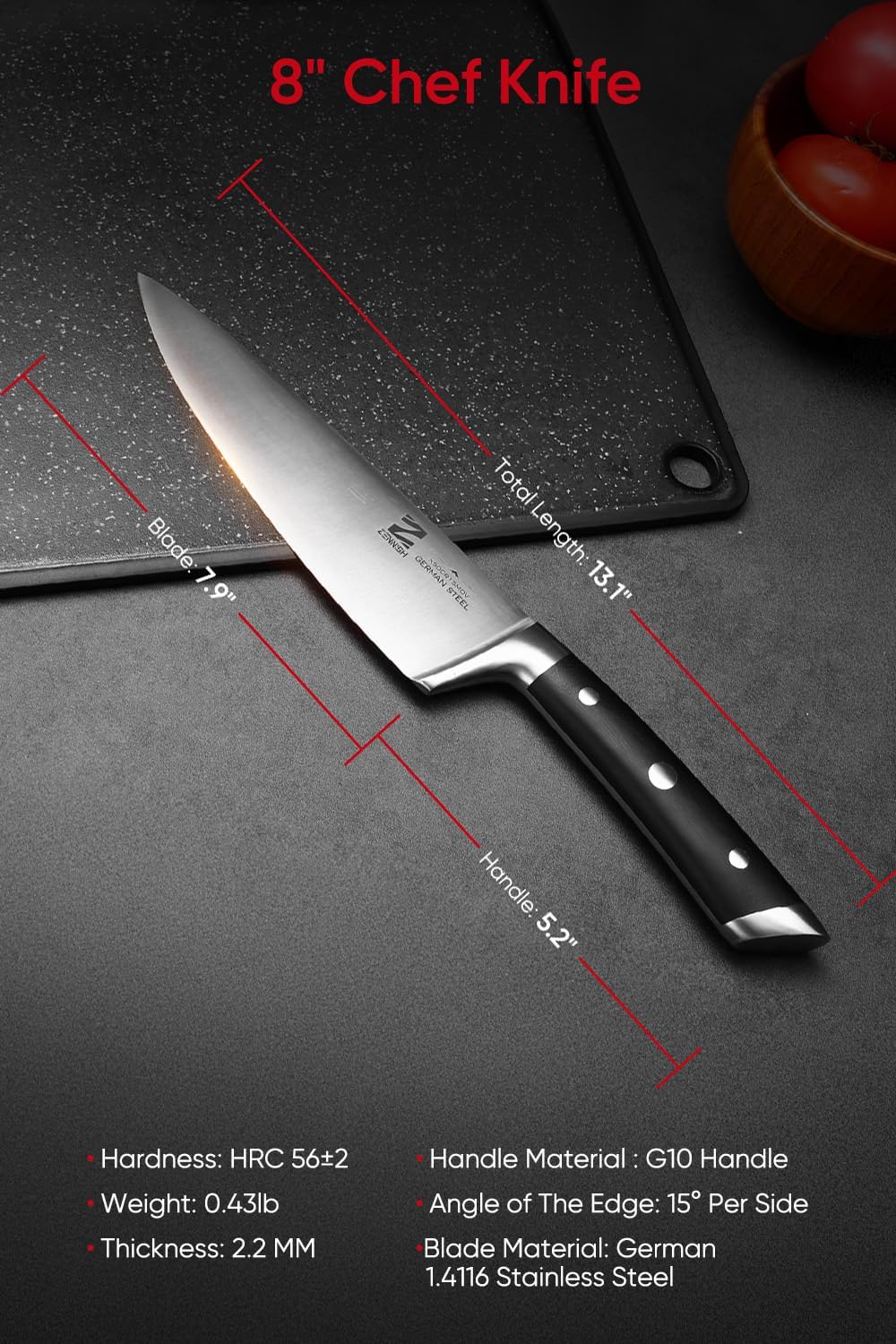 【Exclusive】 Gyuto Knife, 8 Inch Japanese Chef Knife, Handmade Forged 5-Layer VG10 High Carbon Steel, Hammered Finish Rust-Resistant Blade, Ergonomic Sandalwood G10 Handle Kitchen Knife with Gift Box