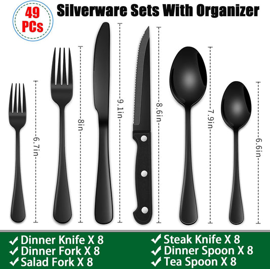 49 Pieces Silverware Sets With Organizer And Steak Knives,Stainless Steel Flatware Sets Service For 8 Person For Home Kitchen,Tableware Cutlery Sets,Includes Knife Spoon and Forks Sets