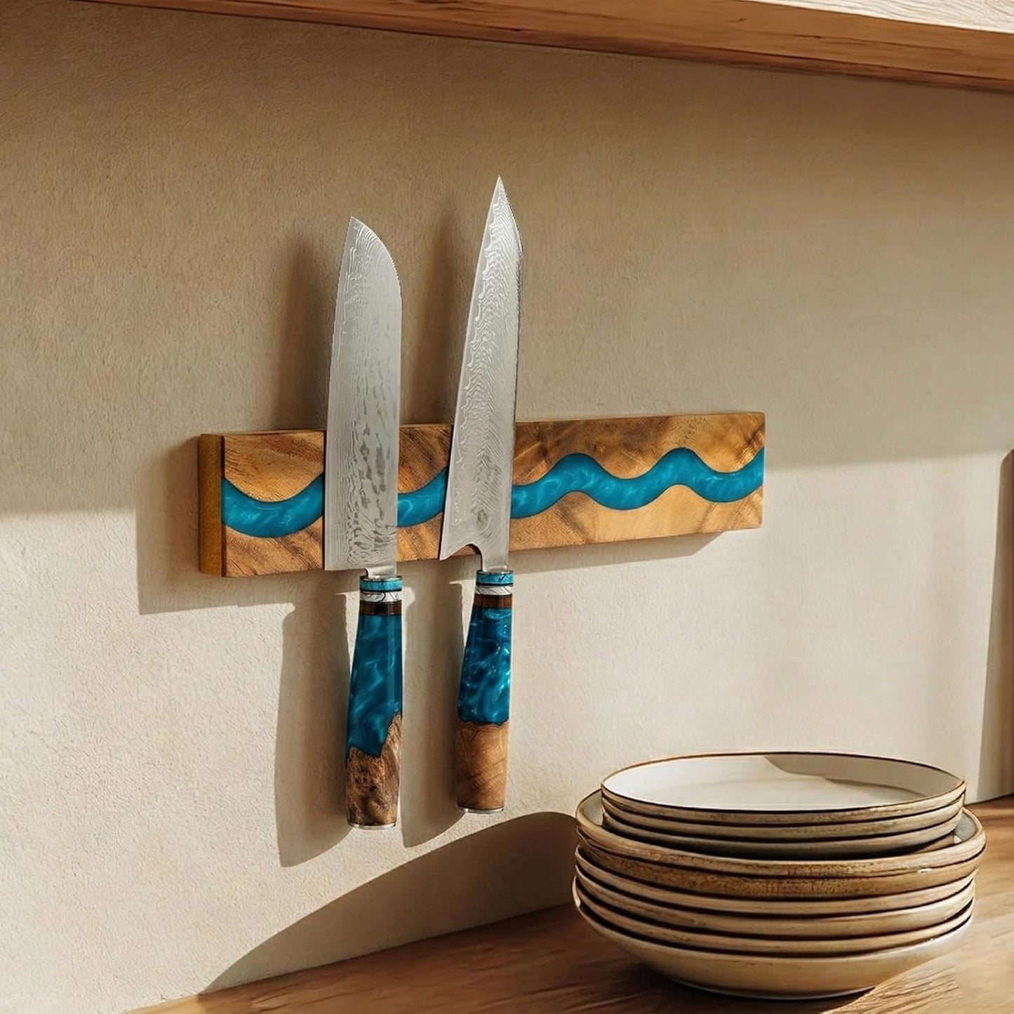 Magnetic Knife Holder, 15.7 Inch Walnut Wood and Resin Magnetic Knife Bar for Wall, Heavy Duty Magnet Holds 8 Knives, Handcrafted Ocean Blue (Ocean's Embrace)
