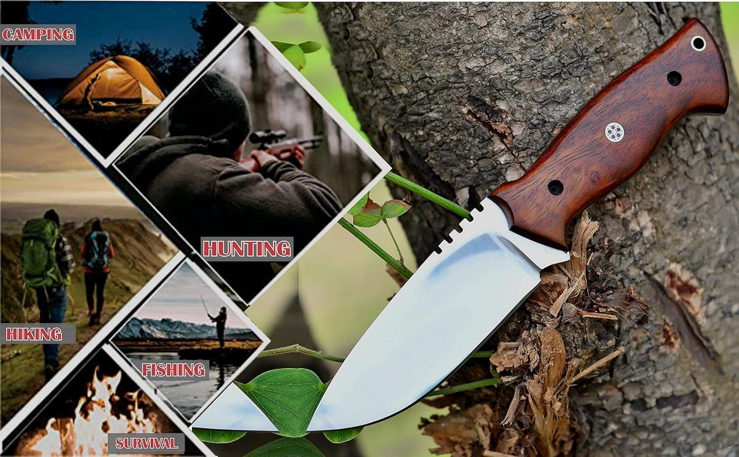 Fixed Blade Hunting Forged Tracker Knife - 8 Inches Carbon Steel Razor Sharp Blade Full Tang Bushcraft Knives with Premium Leather Belt Sheath. Used For Hunting Outdoor Camping, Hiking, Skining Knife.