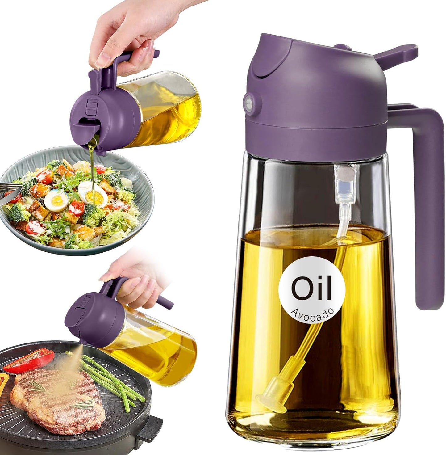 YARRAMATE 16oz/470ml Glass Olive Oil Sprayer for Cooking with Stickers, 2 in 1 Oil Dispenser for Kitchen Gadgets, Food Grade Premium Spray Bottle for Salad, Frying, BBQ (Creamy White)