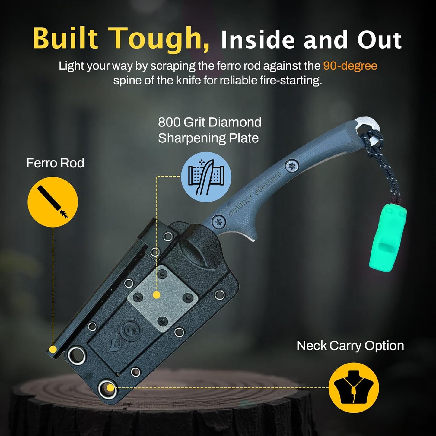 Scout Feather Glow - Fixed Blade Survival Knife with built-in Firestarter for Camping, Hunting, Outdoor Adventure and Culinary Need - VG10 Blade, Whistle, Knife Sharpener, Compact Sheath & G10 Handle