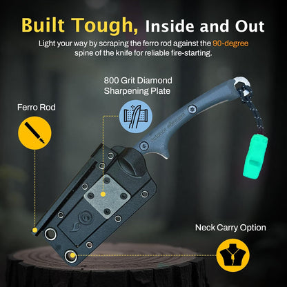 Scout Feather Glow - Fixed Blade Survival Knife with built-in Firestarter for Camping, Hunting, Outdoor Adventure and Culinary Need - VG10 Blade, Whistle, Knife Sharpener, Compact Sheath & G10 Handle