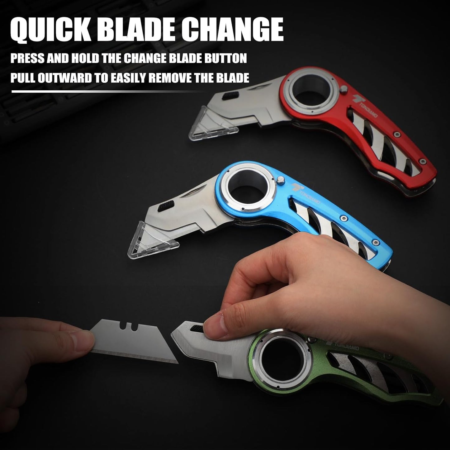 Tondiamo 4 Pcs Folding Pocket Utility Knife Heavy Duty Box Cutter Folding Razor Knife with Anti Slip Finger Loop Easy Change Blades 3 Lock Positions Design (Yellow,Red,Black,Green)