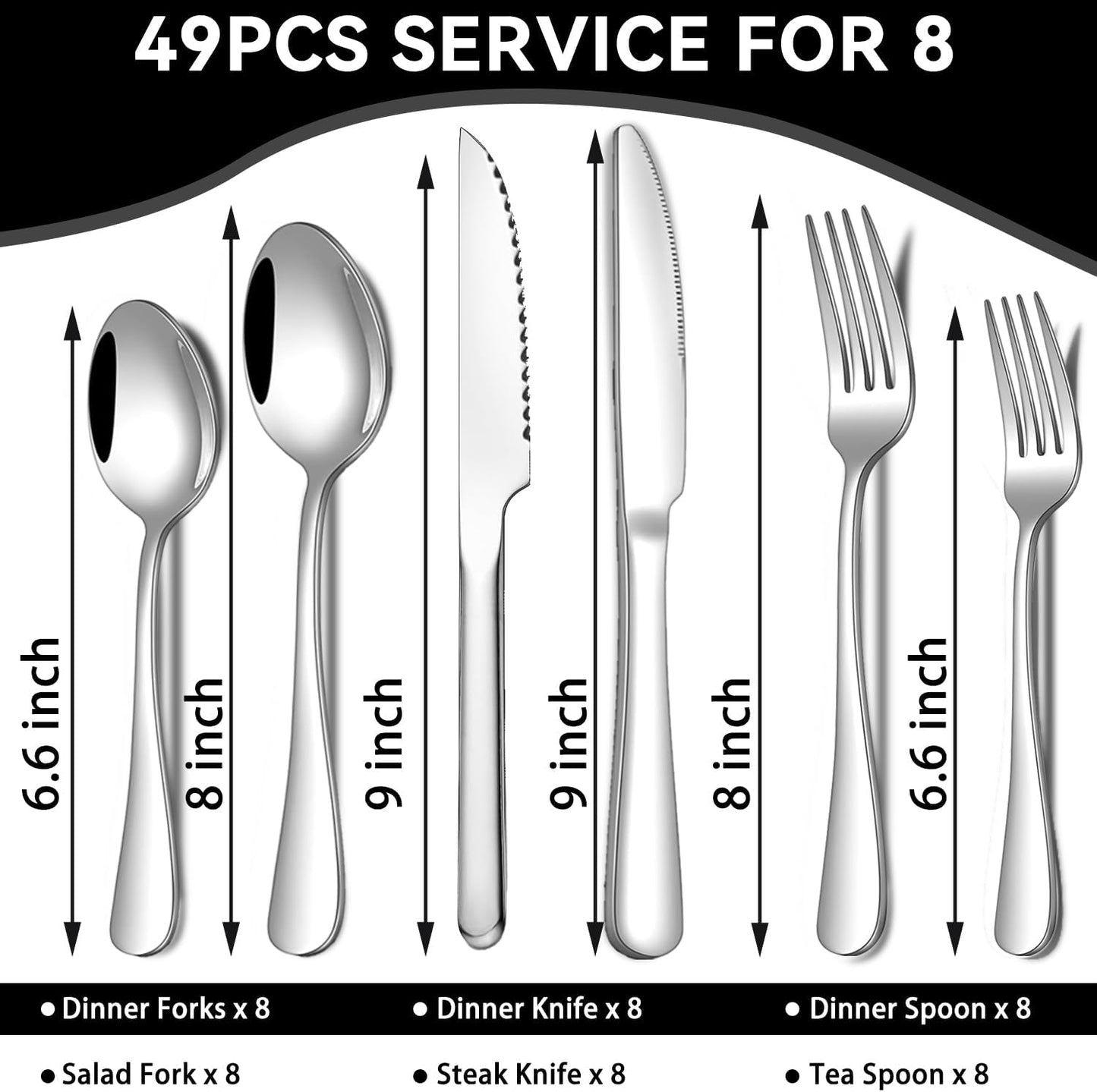 JUNLIN 49 Pieces Black Silverware Set with Steak Knives, Stainless Steel Silverware with Organizer Flatware Utensils Set for 8, Forks and Spoons Silverware Set Cutlery Set