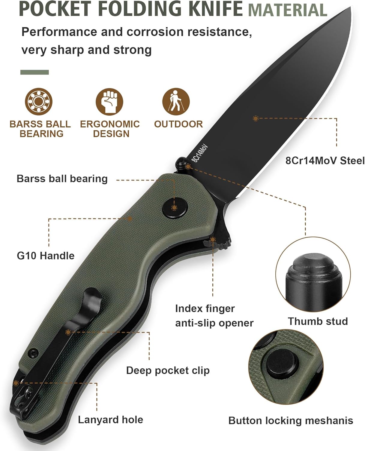 Pocket Folding Knife(EDC)- With 2.99” 8Cr14MoV Steel Blade and G10 Handle,- Lightweight Folding knives with Clip for Camping, Hiking, Hunting Survival Multi-Knife (Green)