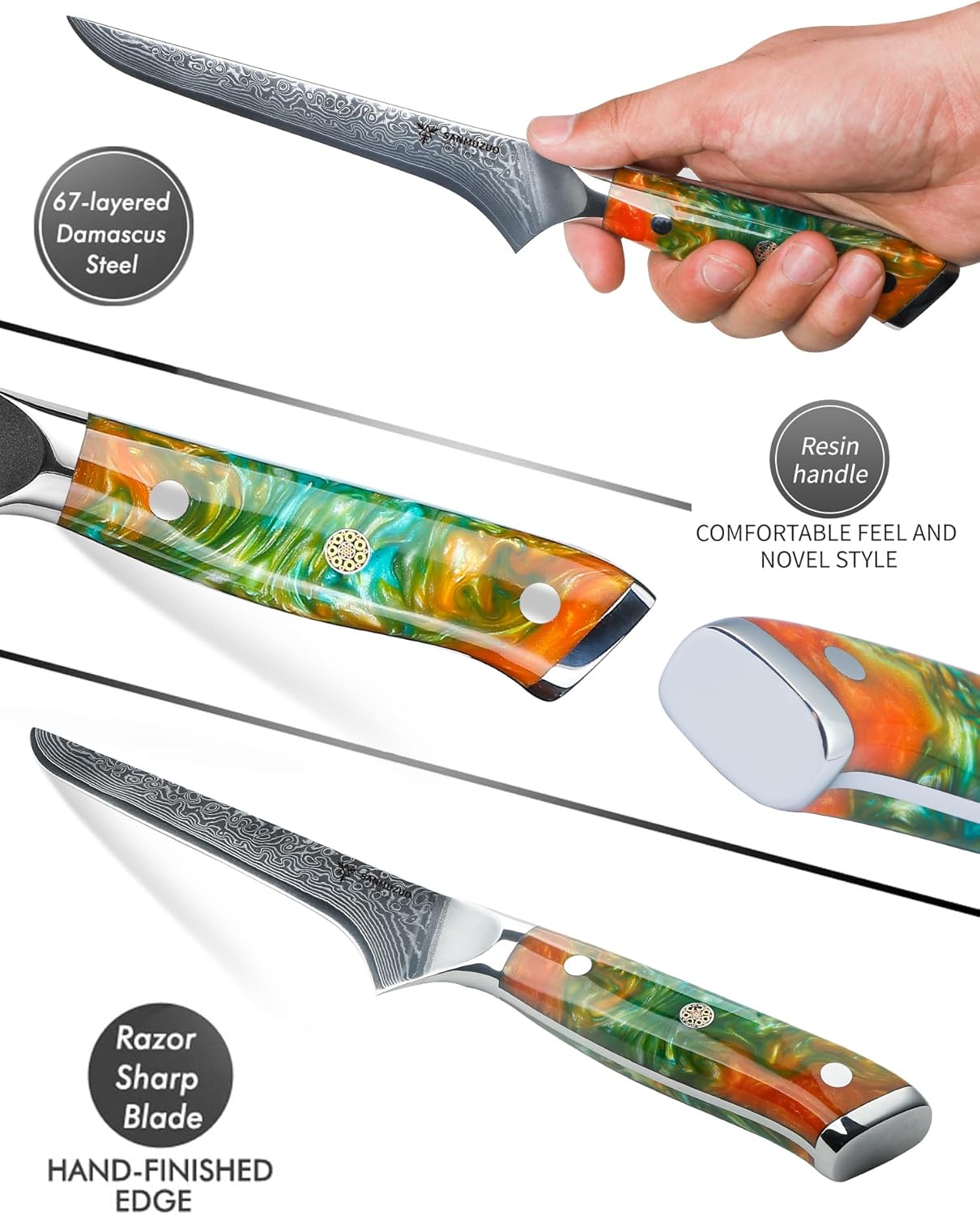 7 inch Fillet Knife, VG10 Damascus Steel Fish Boning Knife with Resin Handle - Xuan Series (Sunset Red)