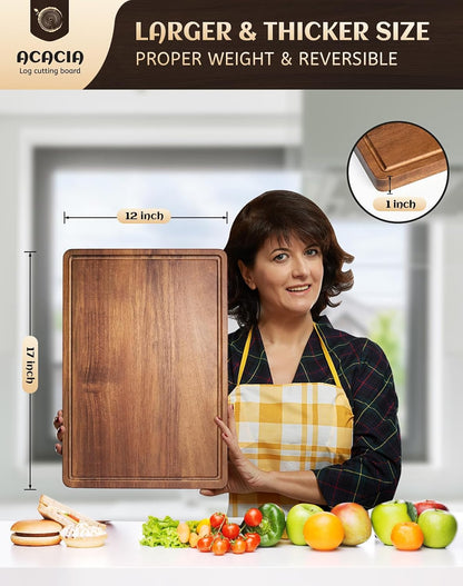Acacia Wood Cutting Boards Set of 3 for Kitchen, Large Wooden Cutting Board with Juice Groove, Charcuterie Board, Chopping Board for Meat, Cheese, Fruits(17x12, 12x10, 12x7 inch)