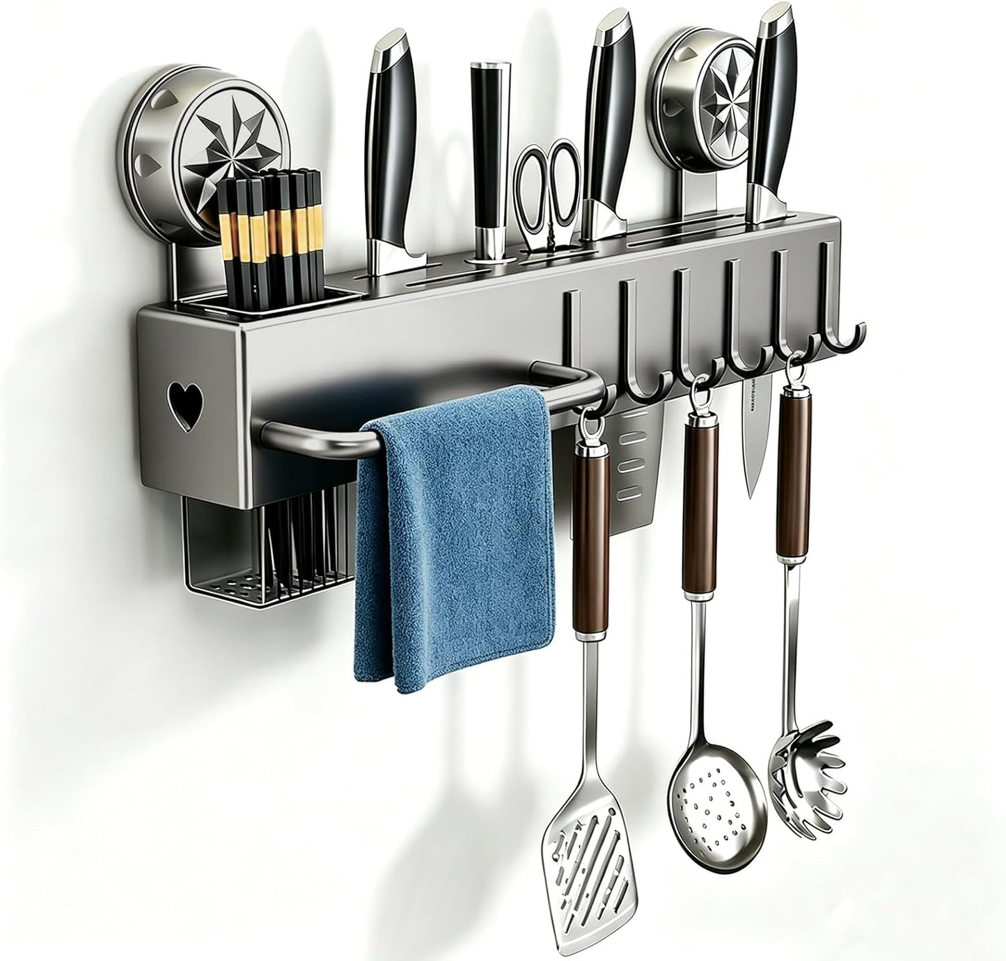 19.7" Drill-Free Wall-Mounted Knife Holde, Carbon Steel Knife Holder Rack with Self-Adhesive, Black Space Saving Utensil Organizer with Hooks & Hanging Bar, for Knife Storage, Scissors, Spatula