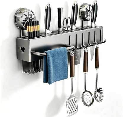 19.7" Drill-Free Wall-Mounted Knife Holde, Carbon Steel Knife Holder Rack with Self-Adhesive, Black Space Saving Utensil Organizer with Hooks & Hanging Bar, for Knife Storage, Scissors, Spatula